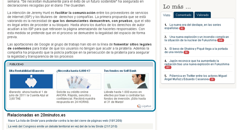 Ejemplo anuncio Ligatus en 20 minutos.es